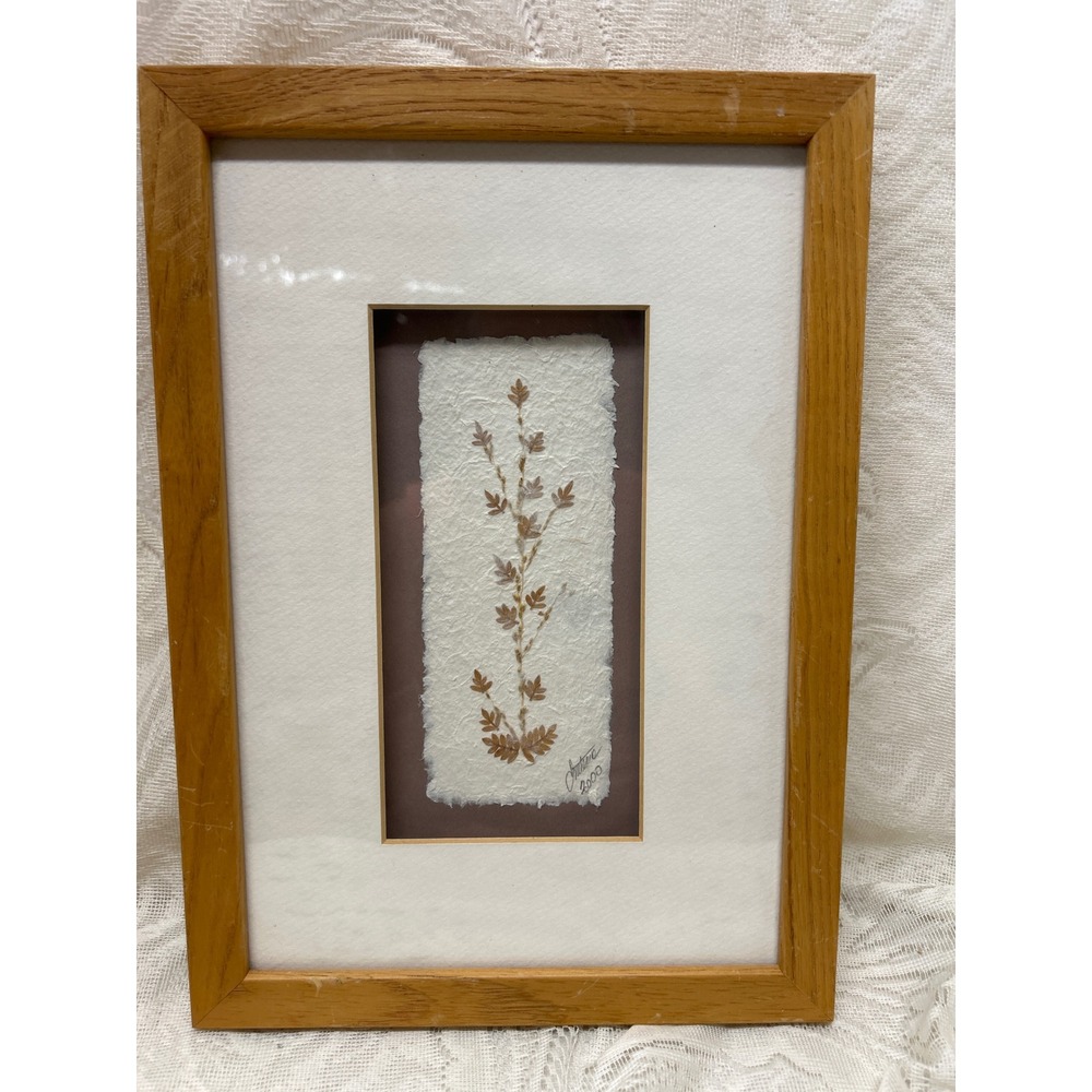 Vintage Signed Pressed Botanical Leaf Art Framed Handmade Paper 2000 12x8.5in